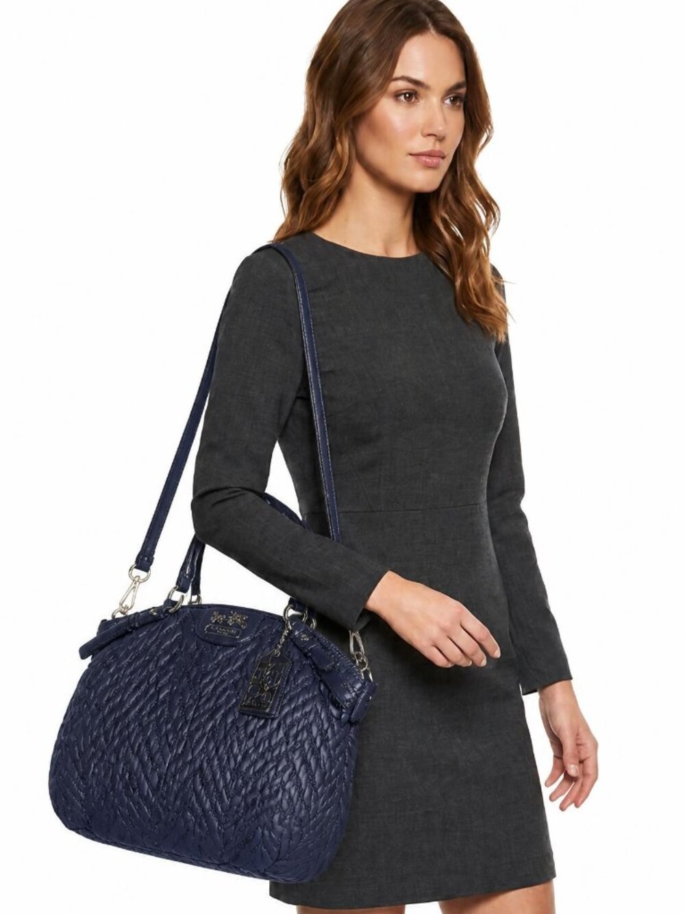 40. Coach 70th Anniversary Madison navy blue quilted chevron zip top satchel